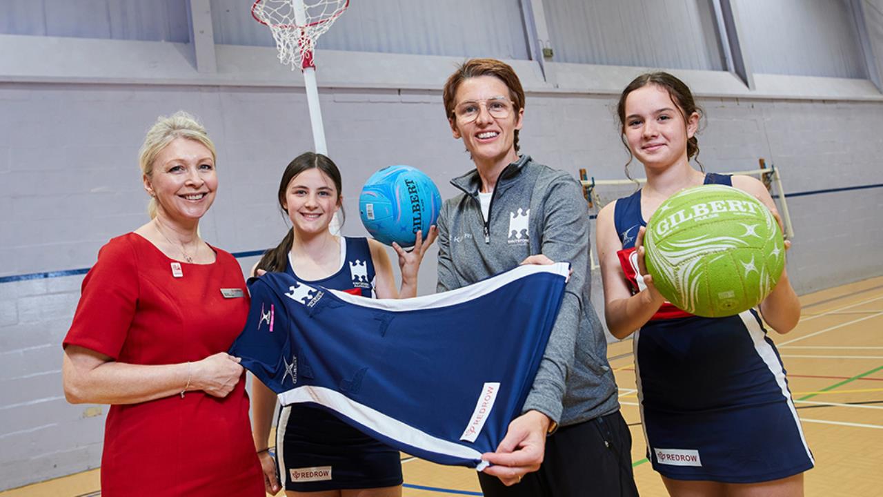 Header  Redrows Rachael Reece teacher Nikki Walsh and netballers from Knutsford Academy13