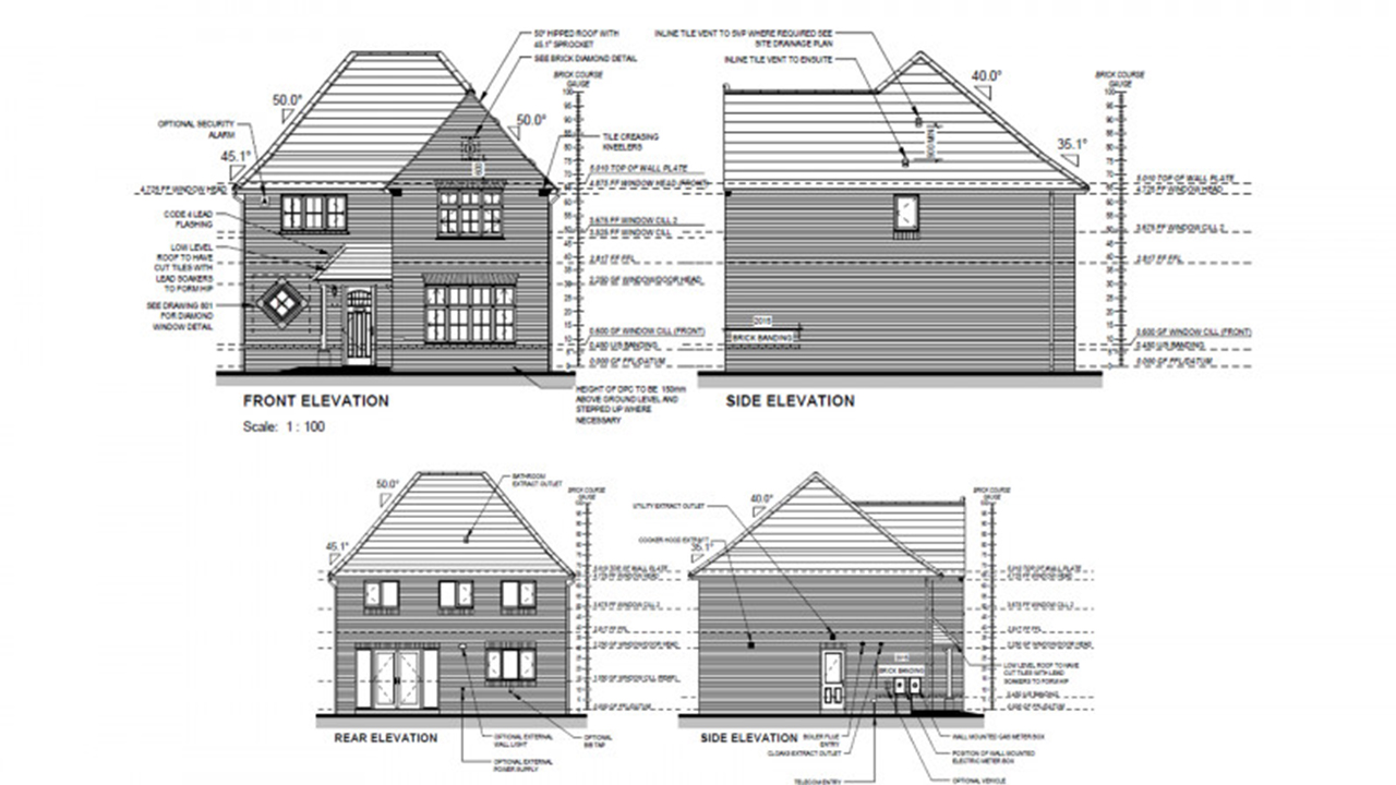 Redrow | Inspiration | A black and white drawing showing the front side and rear elevations of a Redro