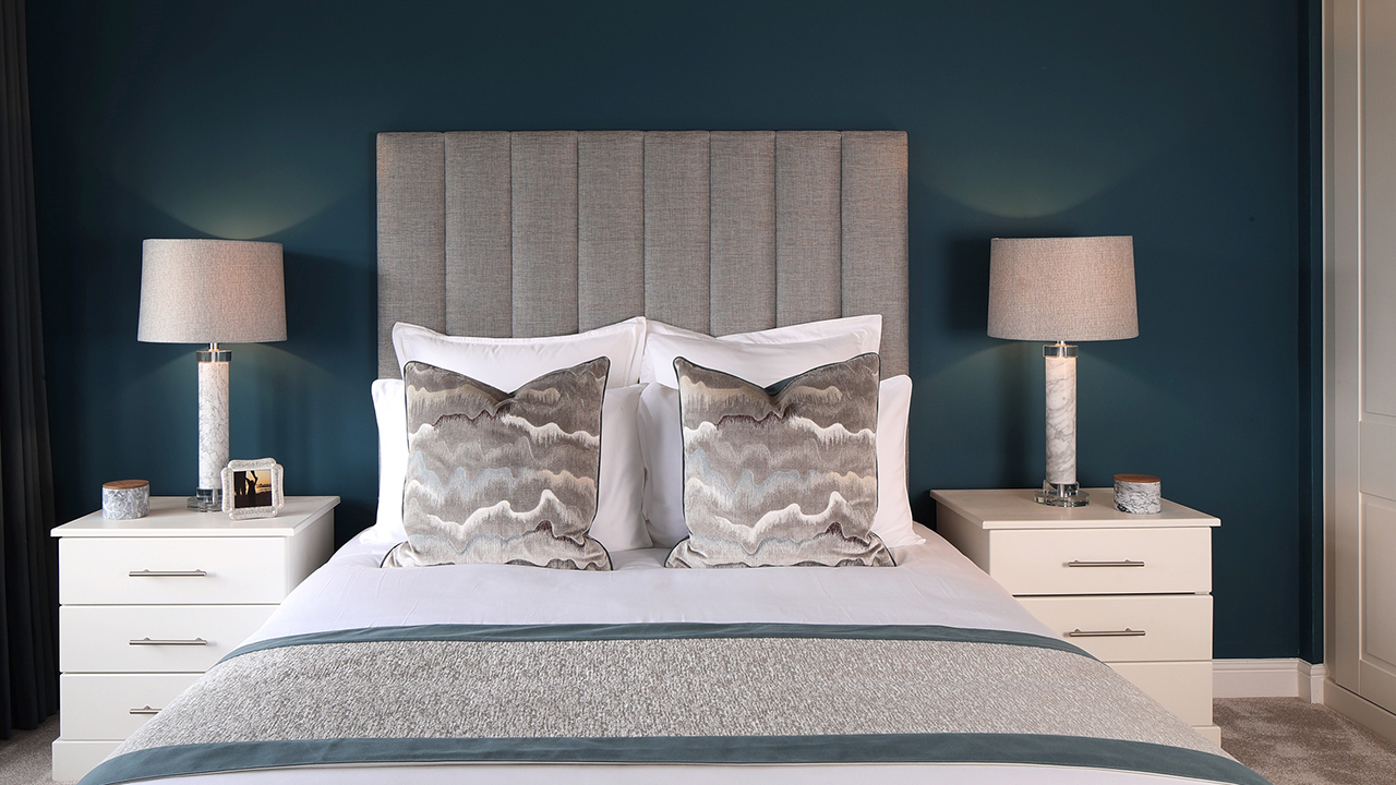 Redrow  Inspiration  Double Bed against deep dark shade of teal by Dulux wall