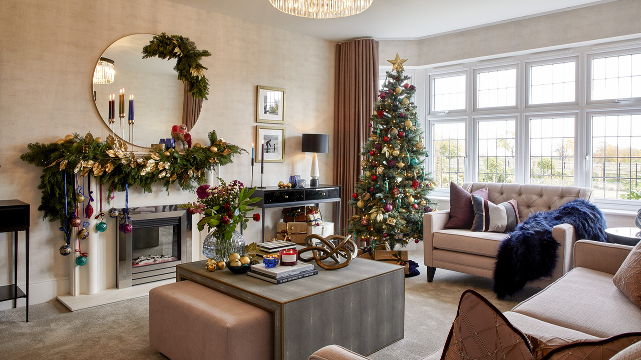 Redrow - Inspiration - Loung decorated for Christmas with bold bright colours